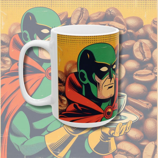 Green Mask Ceramic Mug (11oz, 15oz) - Superhero Coffee